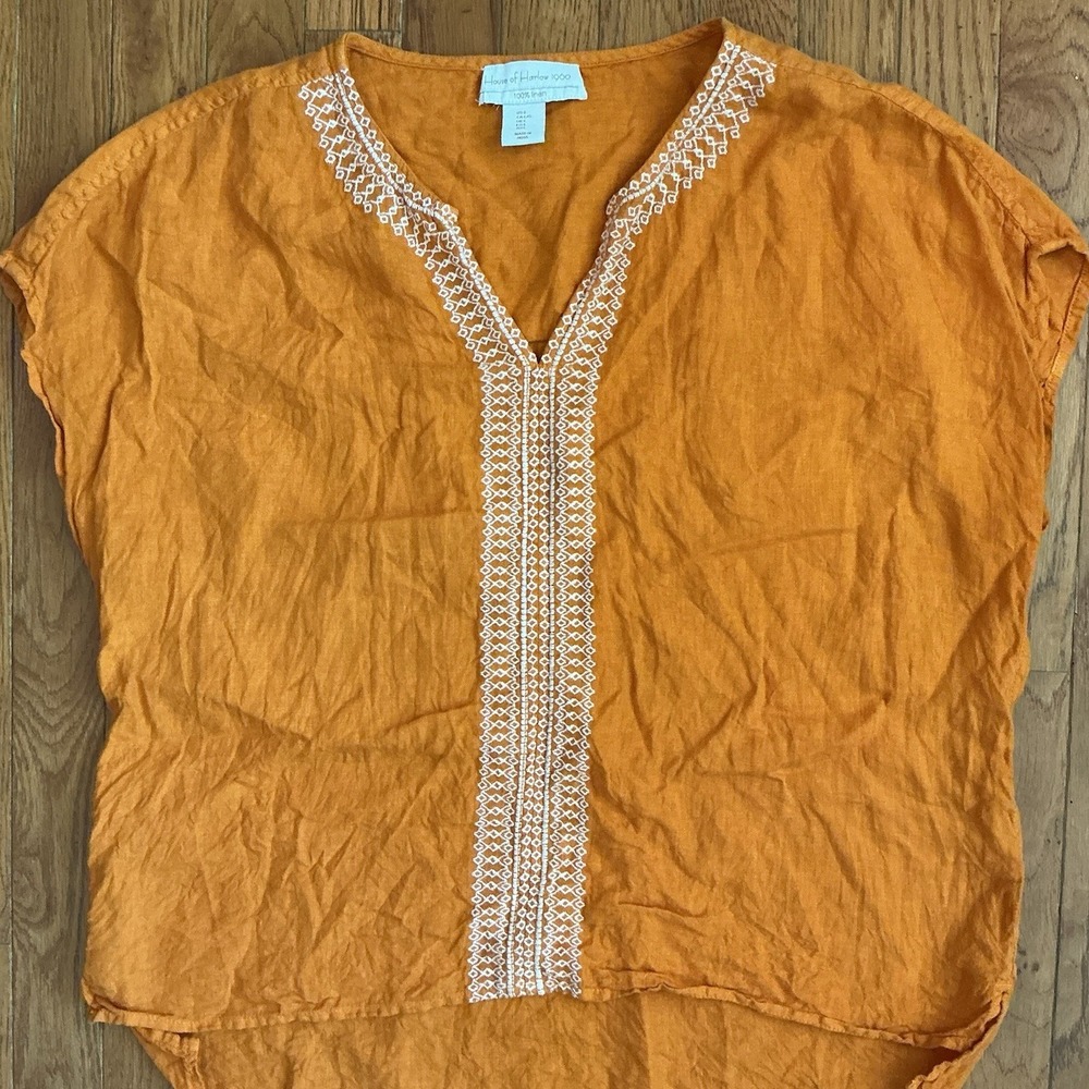 House of Harlow 1960 Linen Boho Embroidered Top Large Orange